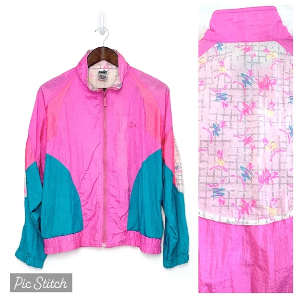 VTG 90s Puma Windbreaker Jacket Hot Pink Teal Rollerblading Barbie Vibes Size M - Picture 1 of 8